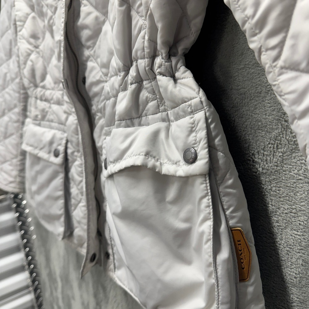 Coach New York Quilted Jacket Womens Medium Gray Cinched Waist Leather Trim M - Picture 9 of 11